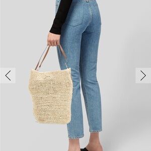 Beige Woven Tote Bag with Brown Handles